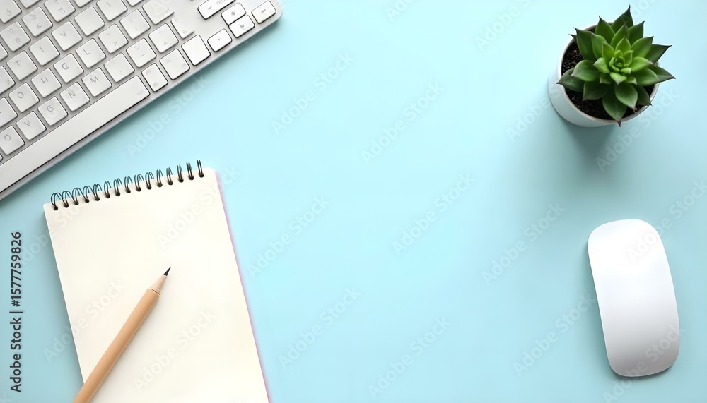 HD photography of a minimalist flat lay workspace with a white wireless keyboard, wireless mouse, a potted green succulent, and a blank notebook on a smooth pastel blue background. Clean composition, HD photography of a minimalist flat lay workspace with a white wireless keyboard, wireless mouse, a potted green succulent, and a blank notebook on a smooth pastel blue background. Clean composition,