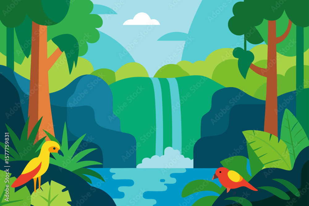 Fototapeta premium Tropical Forest With Waterfall And Parrots