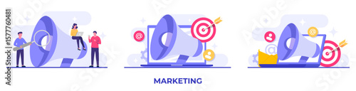 Digital marketing flat vector illustration, Ad campaign and online promotion, advertising content in social networks, Social media campaign, Promotion, E-commerce