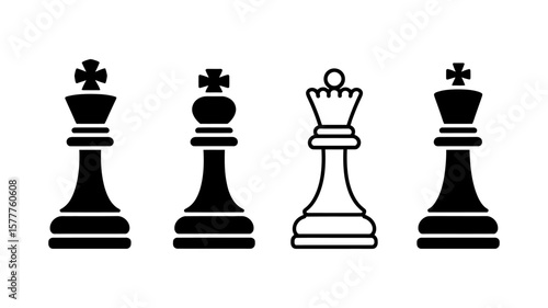 Vector art of chess pieces including kings and queens are displayed in black and white isolated on white background