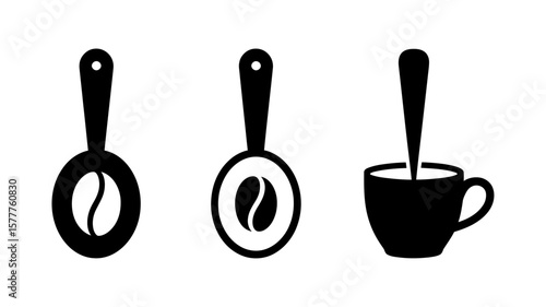 Vector art of a collection of coffee icons with spoons, cups, and beans isolated on white background
