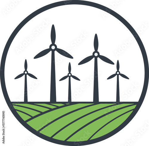 Wind turbines stand on a green field, enclosed in a circular frame, representing renewable energy.
