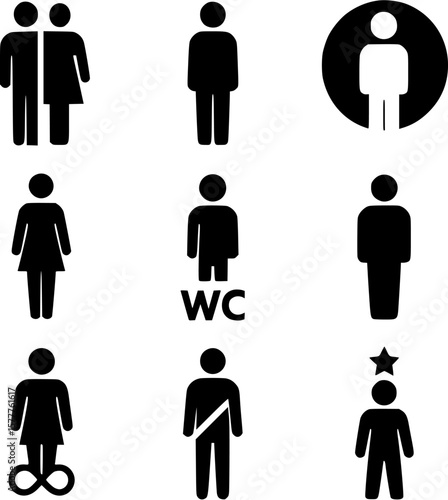 Inclusive unisex toilet gender icons set – male, female, non-binary, WC restroom sign, disabled person symbol, people silhouette, equality and accessibility icon collection