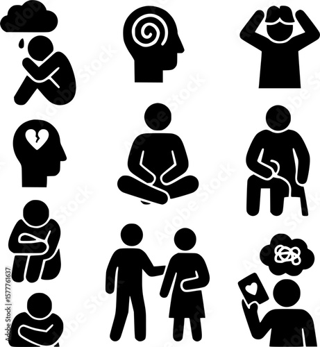 Mental health awareness black silhouette icon set – depression, anxiety, heartbreak, support, elderly care, meditation, confusion, loneliness – emotional wellness concept