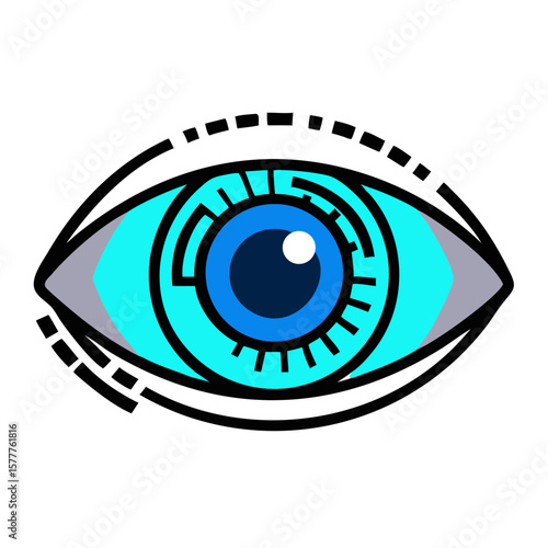 Eye with digital iris illustration in blue and turquoise colors on white background