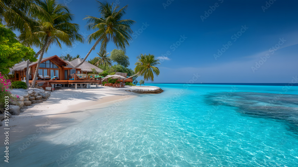 Fototapeta premium Breathtaking tropical beach scene features a luxurious bungalow, swaying palm trees and crystal clear turquoise water on a bright sunny day.