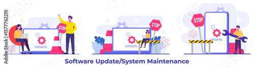 System maintenance, Error, Fixing trouble, Device updating, Software system under maintenance vector illustration, Software upgrade process on devices, System update, People update operation system