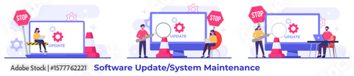 System maintenance, Error, Fixing trouble, Device updating, Software system under maintenance vector illustration, Software upgrade process on devices, System update, People update operation system