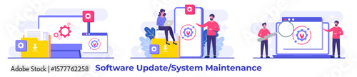 System maintenance, Error, Fixing trouble, Device updating, Software system under maintenance vector illustration, Software upgrade process on devices, System update, People update operation system