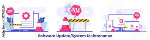 System maintenance, Error, Fixing trouble, Device updating, Software system under maintenance vector illustration, Software upgrade process on devices, System update, People update operation system