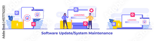 System maintenance, Error, Fixing trouble, Device updating, Software system under maintenance vector illustration, Software upgrade process on devices, System update, People update operation system
