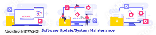 System maintenance, Error, Fixing trouble, Device updating, Software system under maintenance vector illustration, Software upgrade process on devices, System update, People update operation system