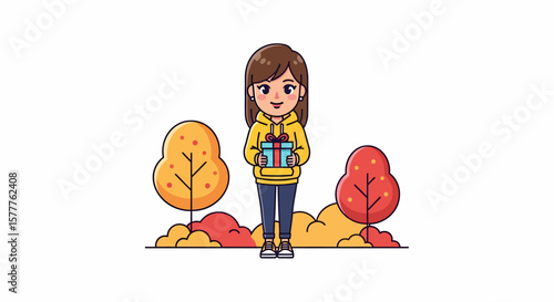 Autumnal Gift-Giving Scene with a Smiling Girl