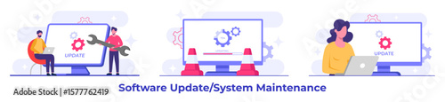 System maintenance, Error, Fixing trouble, Device updating, Software system under maintenance vector illustration, Software upgrade process on devices, System update, People update operation system