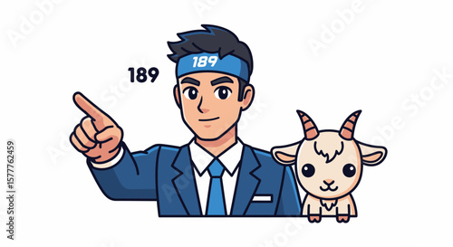 Businessman Points to a Cute Goat with a Numbered Headband