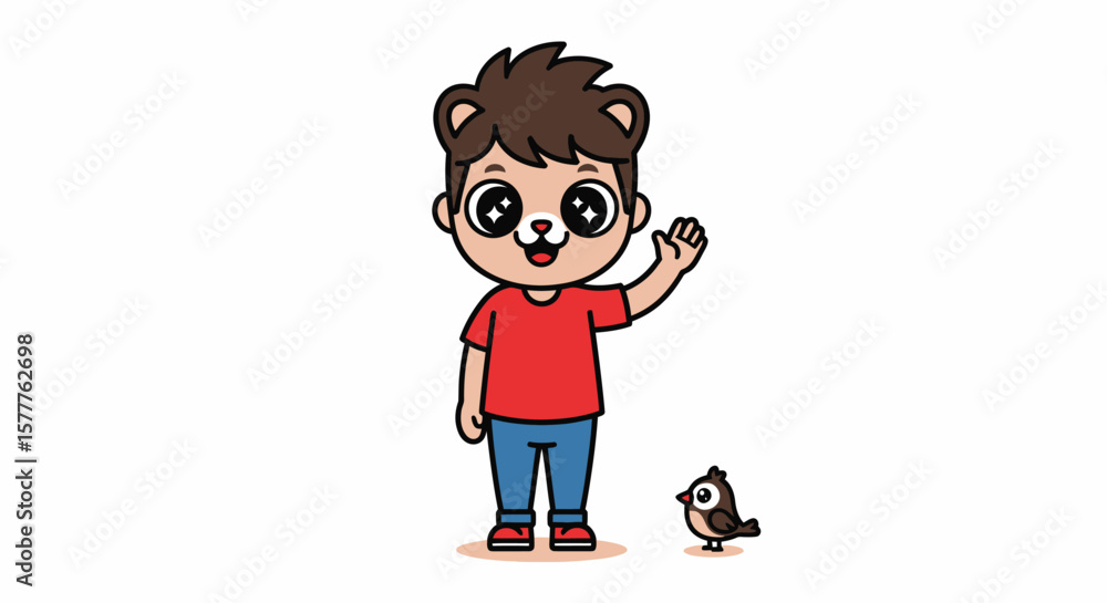 Cartoon boy with bear ears waving next to a small brown bird Cartoon boy with bear ears waving next to a small brown bird