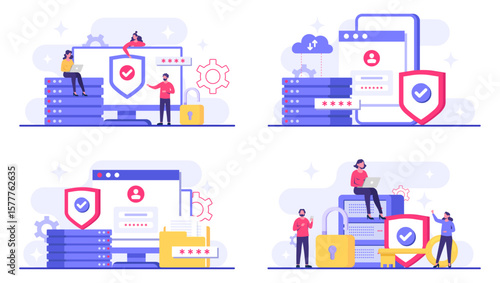 Set of Cyber security flat Illustrations, Database protection, Data Center, File management, cloud storage, Privacy data protection concept for landing page, mobile app, web banner, infographic