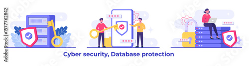 Set of Cyber security flat Illustrations, Database protection, Data Center, File management, cloud storage, Privacy data protection concept for landing page, mobile app, web banner, infographic