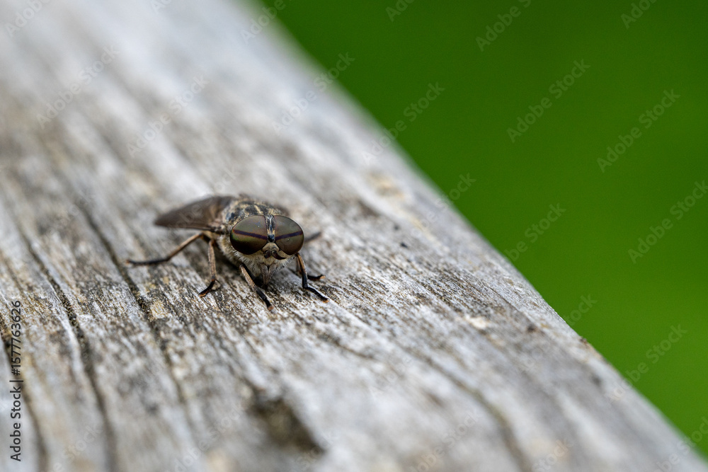 Obraz premium Macro Close-Up of Horsefly Sitting on Wood with Blurred Green Background – Insect Eye Detail and Nature Concept