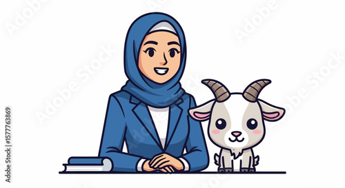 Cartoon Muslim Woman in Blue Hijab with Cute Goat Illustration