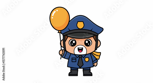 Cartoon police officer with a balloon, wearing a blue uniform and black tie