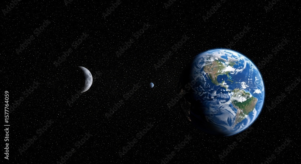 Naklejka premium Earth Moon and Planets in Space - Stunning view of Earth, moon, and planets in the vast expanse of space. A celestial scene perfect for astronomy or space exploration themes