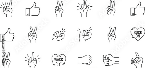 Hand gesture line icon set. Vector pictograms of thumbs up, peace sign, high five, fist bump, rock on, heart shape thin linear illustration for communication, expressions,