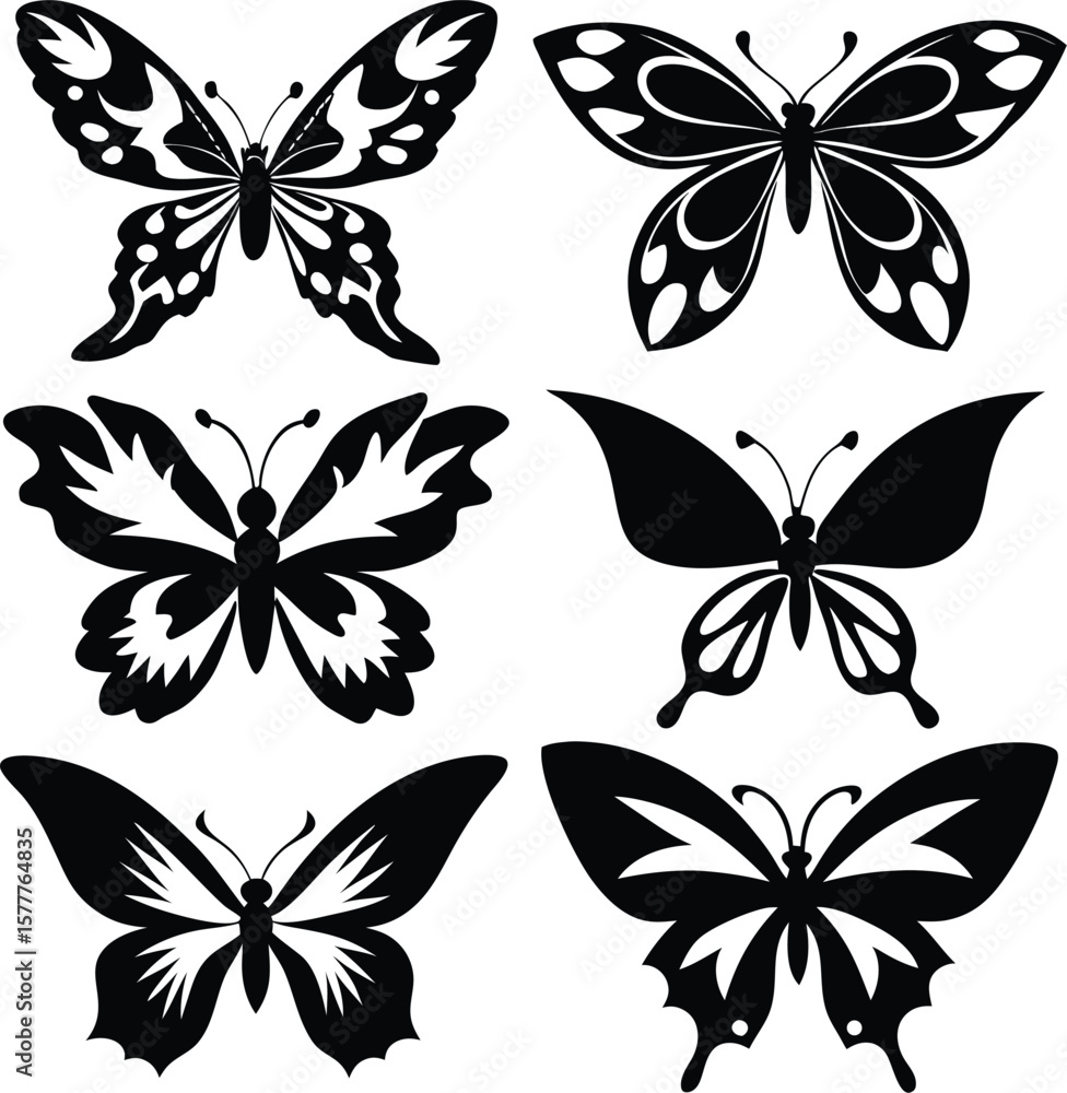 Obraz premium Black Butterfly Silhouette Vector Set – Tribal and Decorative Ink Style Designs