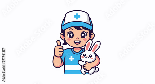 Cheerful Nurse Holding Bunny Giving Thumbs Up, Cartoon Illustration.