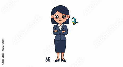 Confident Businesswoman with Small Bird Cartoon Illustration