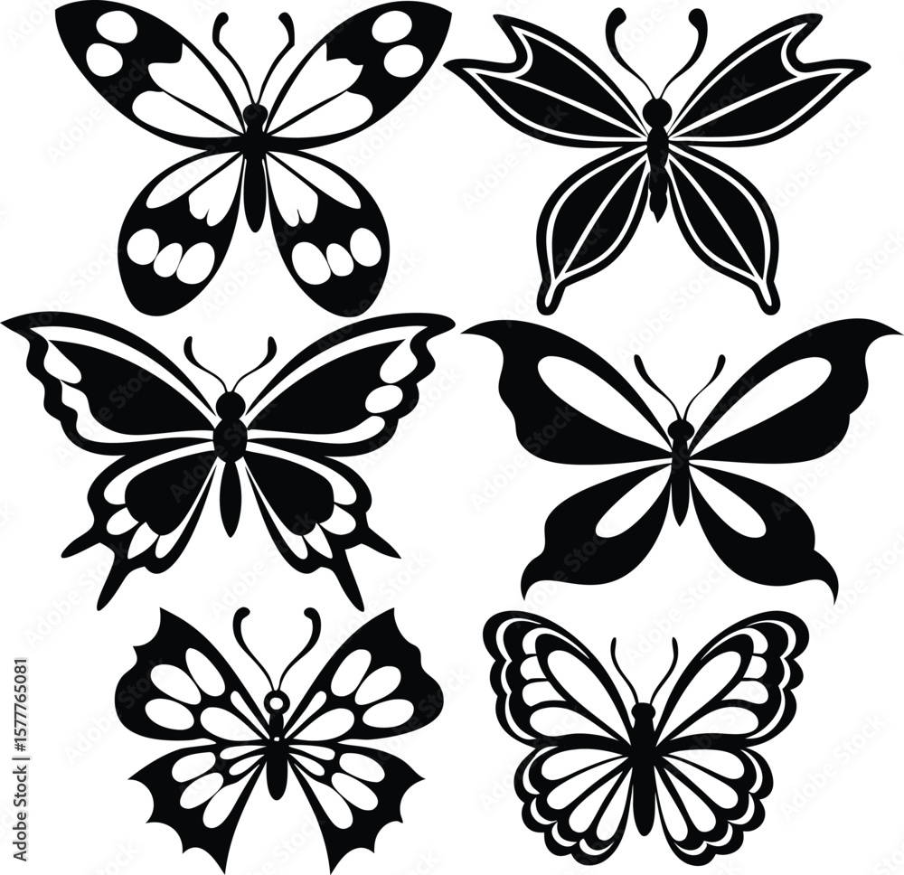 Obraz premium Black Butterfly Silhouette Vector Set – Tribal and Decorative Ink Style Designs