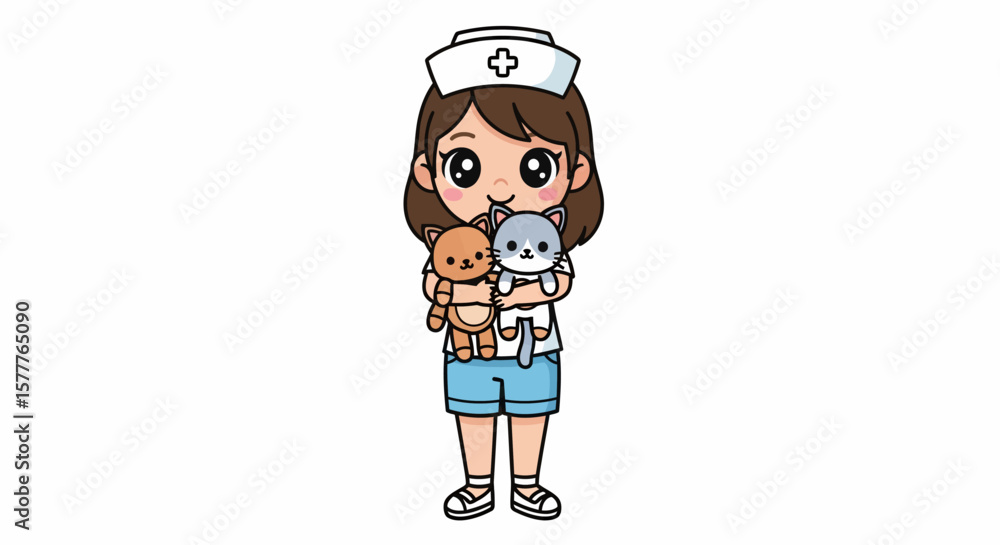 Fototapeta premium Cute Cartoon Nurse Holding Stuffed Cats