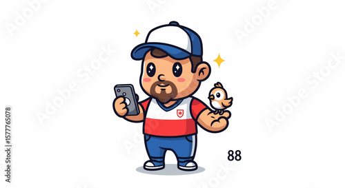 Cute Cartoon Man with Smartphone and Bird, Engaging in Digital Interaction