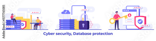 Set of Cyber security flat Illustrations, Database protection, Data Center, File management, cloud storage, Privacy data protection concept for landing page, mobile app, web banner, infographic