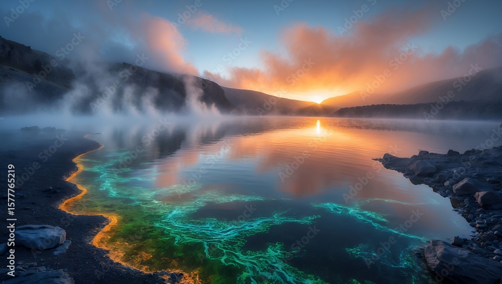 Fototapeta premium Lake reflection during sunrise with glowing water