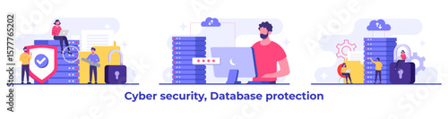 Set of Cyber security flat Illustrations, Database protection, Data Center, File management, cloud storage, Privacy data protection concept for landing page, mobile app, web banner, infographic