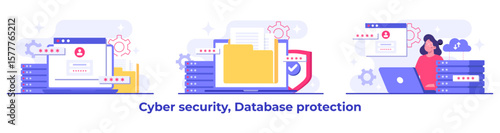 Set of Cyber security flat Illustrations, Database protection, Data Center, File management, cloud storage, Privacy data protection concept for landing page, mobile app, web banner, infographic
