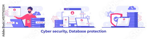 Set of Cyber security flat Illustrations, Database protection, Data Center, File management, cloud storage, Privacy data protection concept for landing page, mobile app, web banner, infographic
