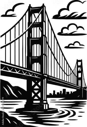 Iconic Golden Gate Bridge in a Vintage, Black and White Illustration.
