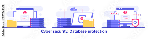 Set of Cyber security flat Illustrations, Database protection, Data Center, File management, cloud storage, Privacy data protection concept for landing page, mobile app, web banner, infographic