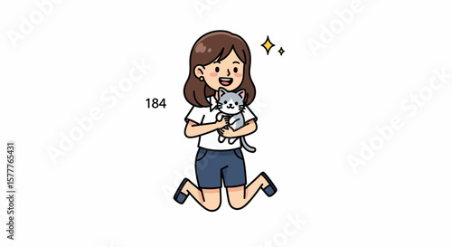 Joyful Girl in Mid-Air Embrace with a Kitten