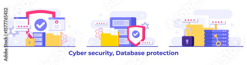 Set of Cyber security flat Illustrations, Database protection, Data Center, File management, cloud storage, Privacy data protection concept for landing page, mobile app, web banner, infographic