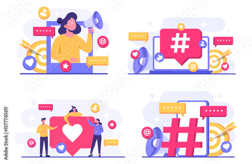 Set of social media marketing concepts flat vector illustration for landing page, web banner, mobile application, banner, business content strategy, web design, Digital marketing, online connection