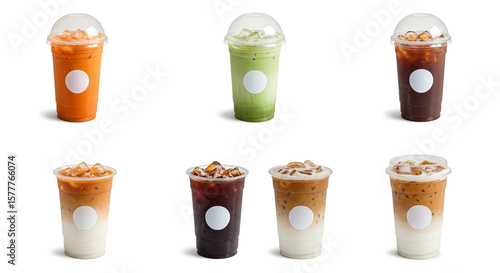 Wallpaper Mural Assorted iced drinks in plastic cups with dome lids and white labels on a white background display Torontodigital.ca