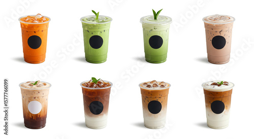 Wallpaper Mural Assorted iced beverages in plastic cups with lids and black circle labels on a white background Torontodigital.ca