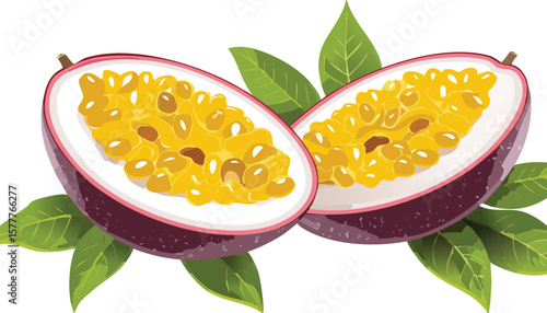 fresh golden passion fruit cut pieces, ripe pulp with juicy seed, isolated in air, cutout png.food, fruit, organic, passion fruit, advertisement, clip, group, lifestyles,passion, 