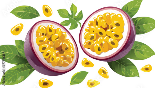 fresh golden passion fruit cut pieces, ripe pulp with juicy seed, isolated in air, cutout png.food, fruit, organic, passion fruit, advertisement, clip, group, lifestyles,passion, 