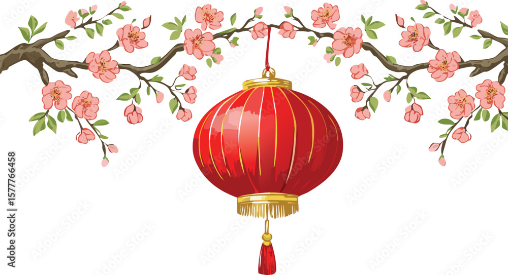 Fototapeta premium red Chinese new year lantern hanging on a plum blossom branch, watercolor illustration, china traditional element, cutout png vector.china, chinese, decoration, japanese, festival, painting,