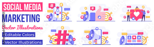 Set of social media marketing concepts flat vector illustration for landing page, web banner, mobile application, banner, business content strategy, web design, Digital marketing, online connection