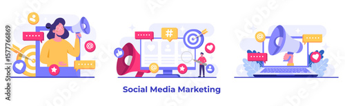 Set of social media marketing concepts flat vector illustration for landing page, web banner, mobile application, banner, business content strategy, web design, Digital marketing, online connection